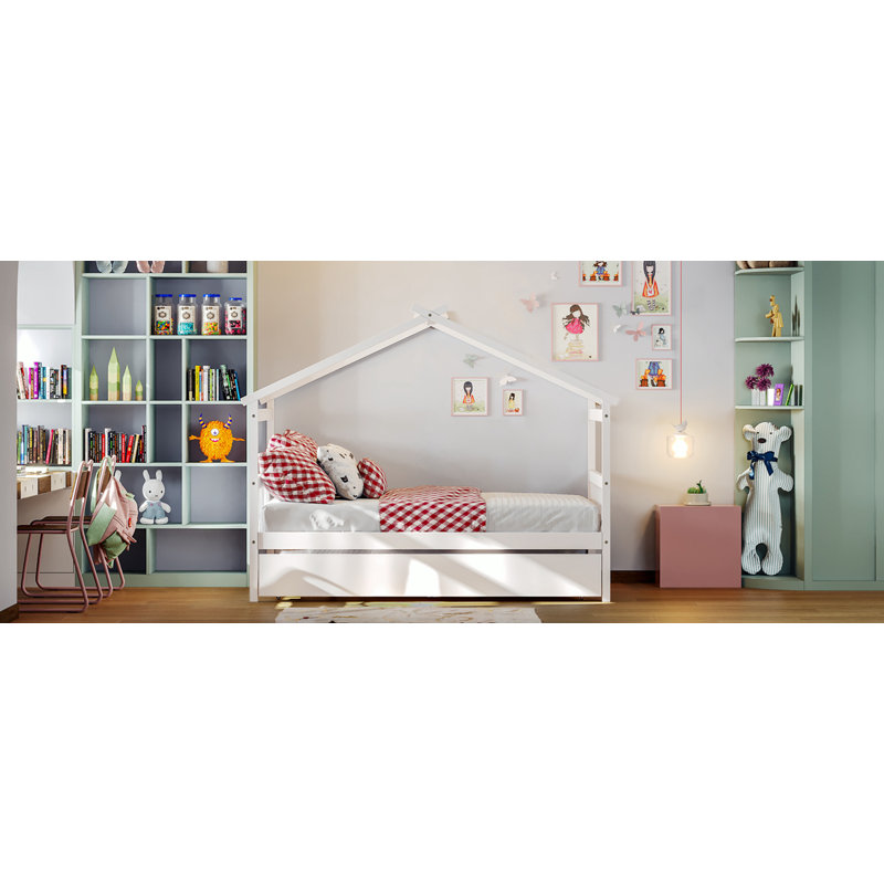 Annais Wooden House Bed with Trundle, Full, White
