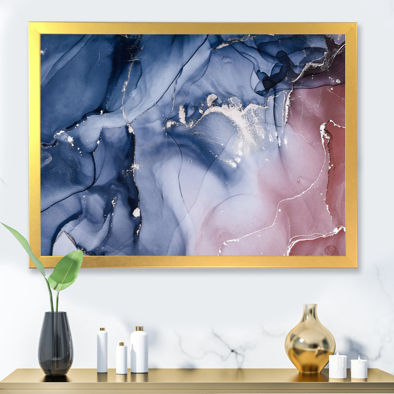 «Blue and Pink Marble Ink Clouds V», peinture sur toile, H 16 po x l 32 po x P 1 po, Cadre doré