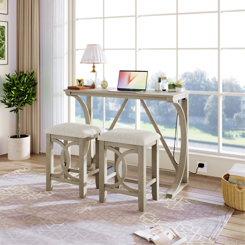 Cream Rubber Wood Farmhouse Counter Height Dining Set with USB Port