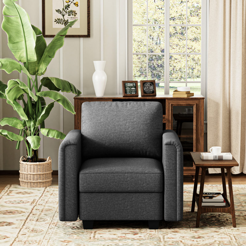 Canapé convertible modulaire, 27 po, fonction de rangement, rembourrage en mousse à mémoire de forme, lin gris, 1 siège, canapé modulaire en bois massif et à ressorts avec rangement caché, au lit, support haute densité