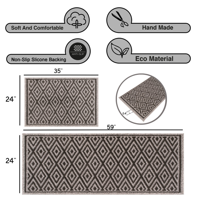 Sofihas 2 piece Kitchen Mats set Diamond Machine Washable with Rubber Backing, 24"X34" & 24"X59"