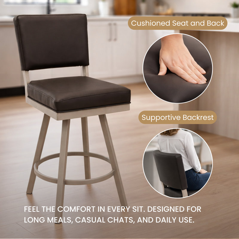 Sunnydale Emerson 26" Swivel Counter Stool, Sterling Mist Finish & Obsedian Black Leatherette