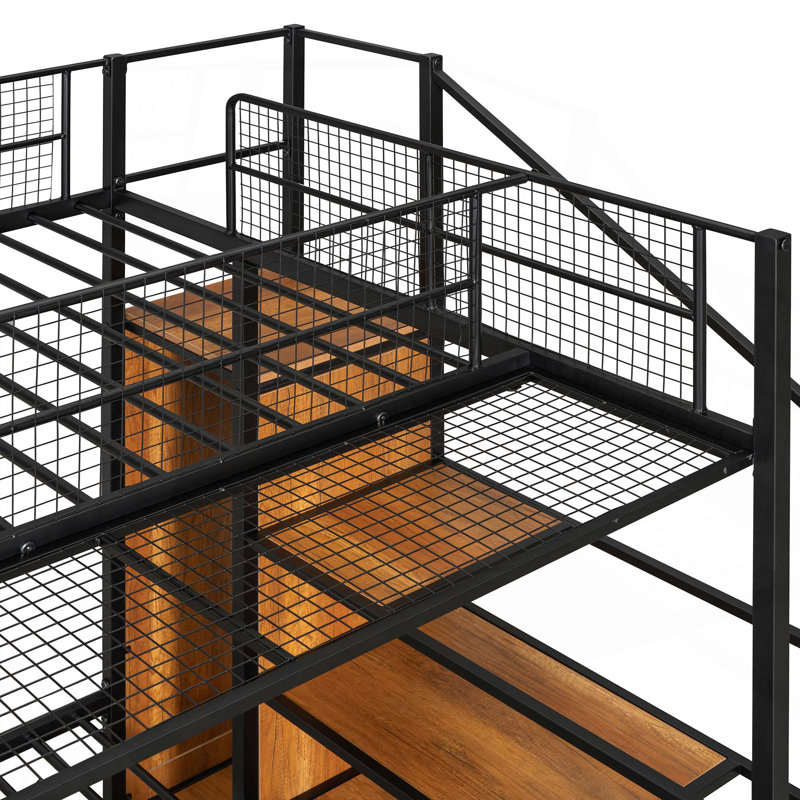 Lit superposé simple au-dessus d'un lit double en métal avec étagère grillagée, échelle de rangement latérale et garde-robe