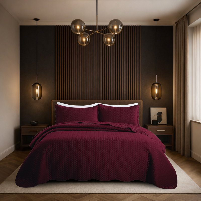 Ensemble de couvre-lit matelassé surdimensionné 100% microfibre Oxford, Couvre-lit très grand + 2 taies d'oreiller, Bourgogne