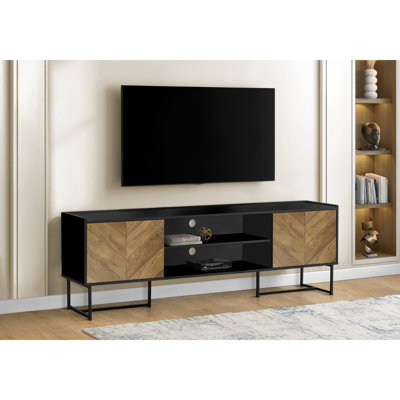 TV Stand Console, Media Entertainment Center With Storage Cabinet, Brown And Black Laminate With Black Metal
