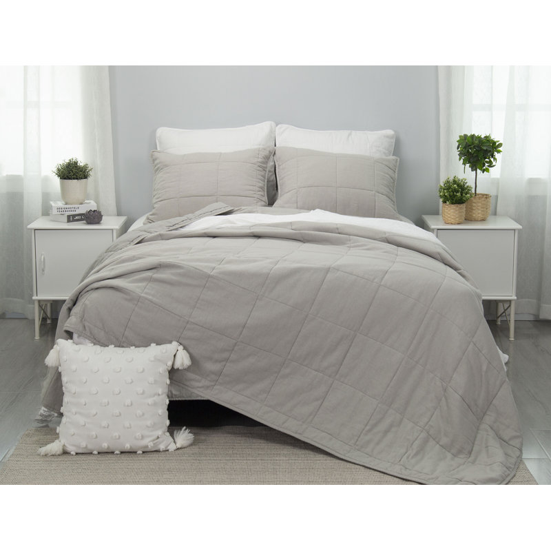 Stone Washed Linen Blend Box Stitch Quilt and Pillow Shams Set, Gray, Queen Quilt + 2 Shams
