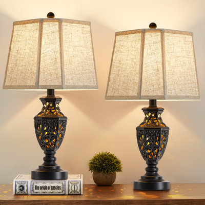 Ensemble de 2 lampes de chevet 23,5 "rétro avec USB A + C et veilleuse - Lampe de bureau en résine sculptée rétro pour chambres à coucher, tables de bout, salon, ampoules incluses
