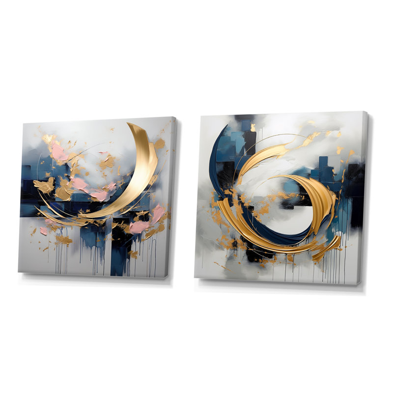 Tourbillons abstraits bleus dorés de sérénité IV - ensemble de 2 impressions sur toile abstraites, Toile tendue