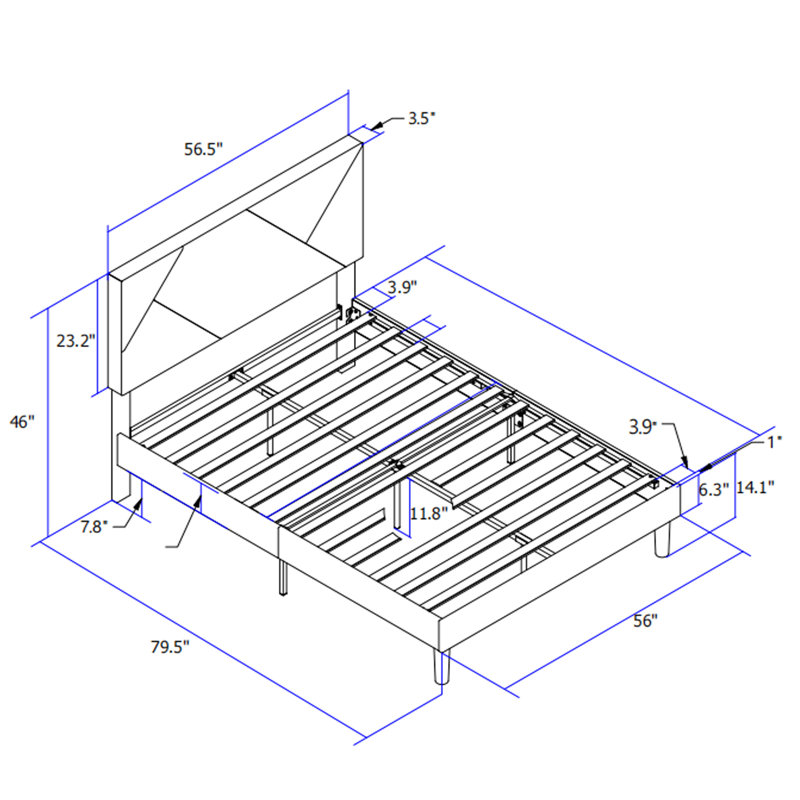 Structure de lit plateforme double avec tête de lit tapissier - sommier à lattes en bois fiable, sommier sans sommier simple, assemblage robuste, assemblage robuste et sans effort
