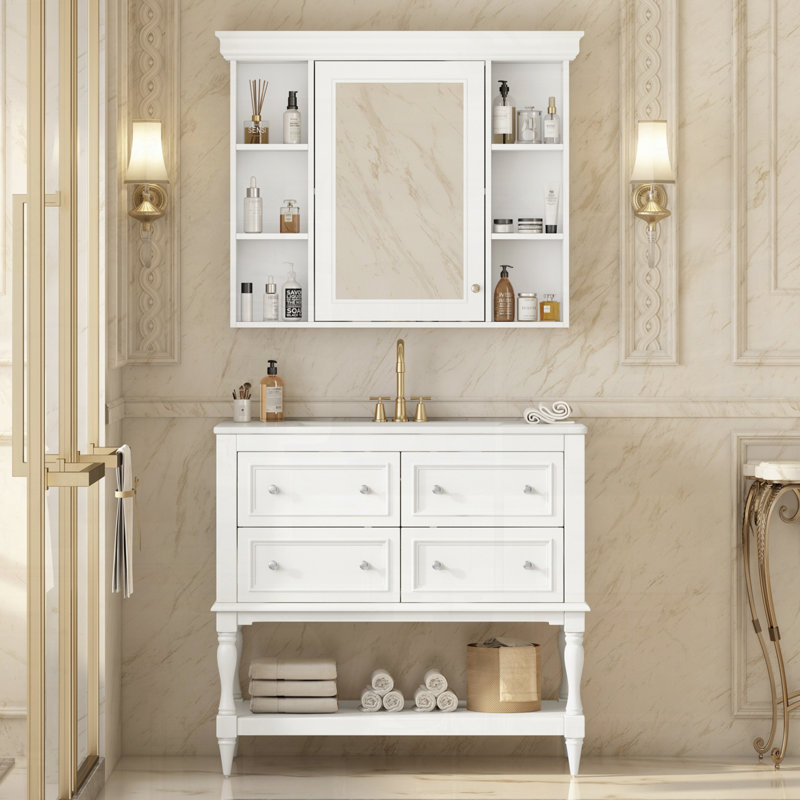 Meuble-lavabo moderne en bois massif avec armoire à pharmacie et tiroirs, Blanc