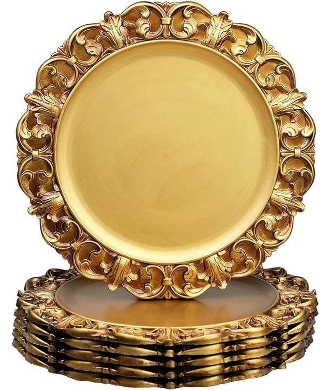 6 assiettes de présentation en plastique doré antique de 6 pièces, chargeurs texturés en relief pour assiettes parfaites pour les mariages et les décorations de table