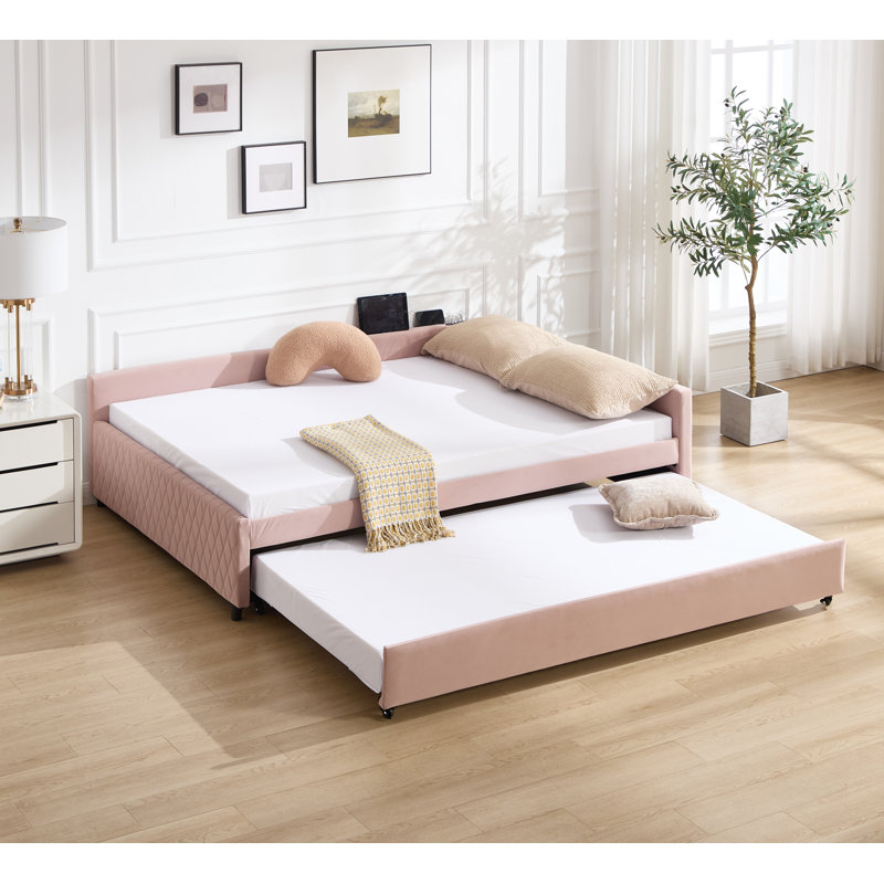 Lit de jour rembourré avec lit gigogne et structure en bois robuste avec un design moderne en grille de diamant pour la chambre à coucher ou la chambre d'amis.