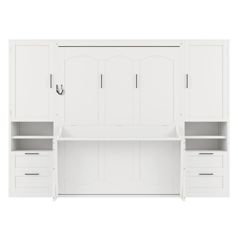 Grand lit escamotable mural avec placard, tiroirs et tablettes, lit escamotable mural peu encombrant, blanc, Blanc