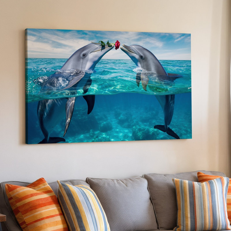 Reproduction d'art sur toile, "Deux dauphins ludiques qui émergent d'un océan turquoise limpide", H 20 po x l 20 po
