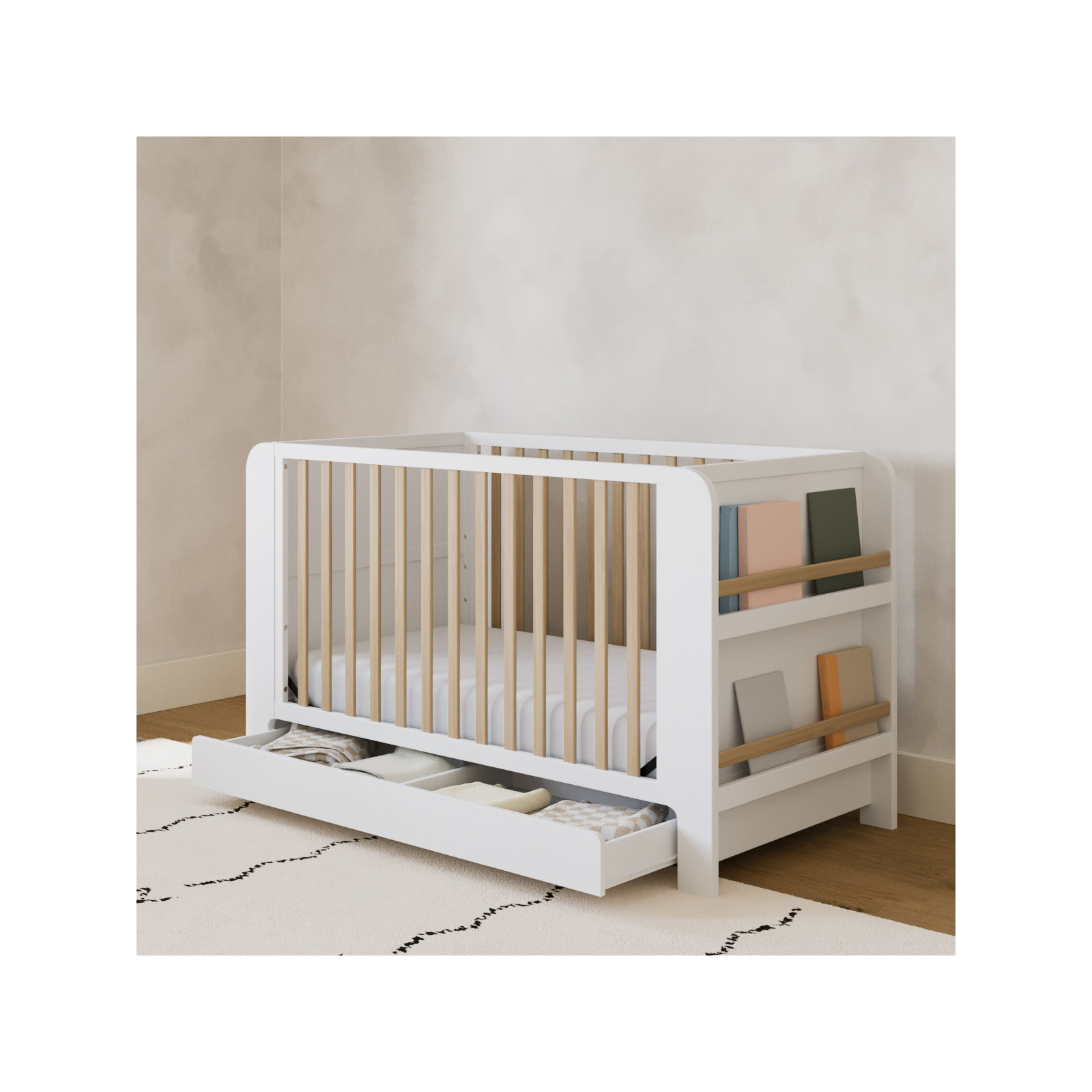 Read-With-Me 4-In-1 Convertible Crib With Drawer, White/Driftwood, Crib