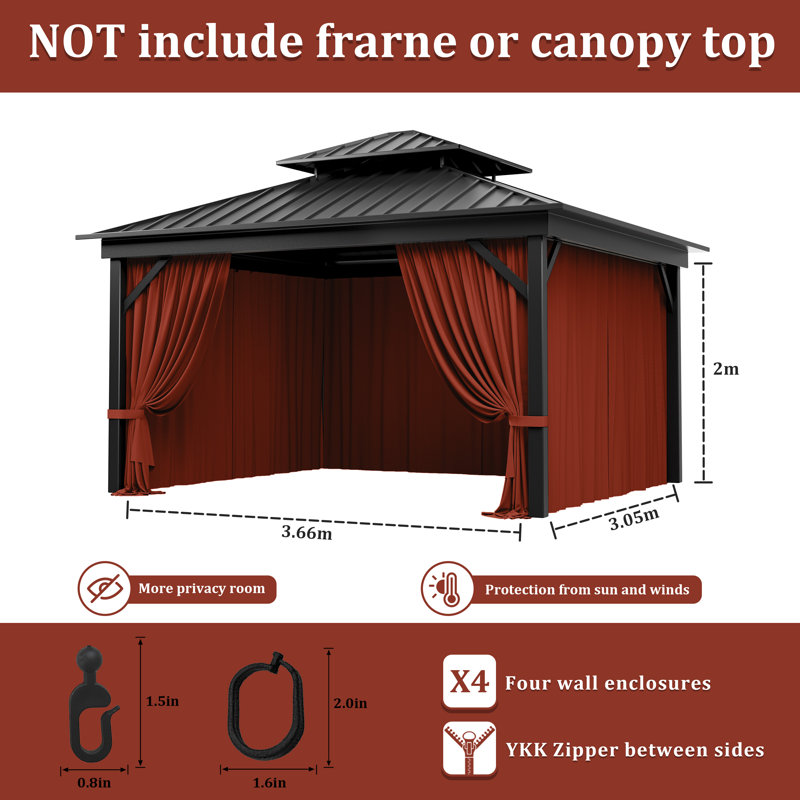 4-Panels Sidewall Curtains For Gazebo, Only Curtains, 78.74" H x 144" W x 120" D, Terra Red