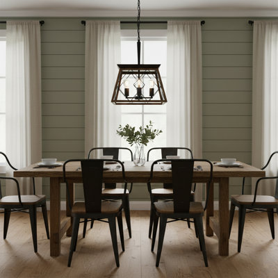16" Walnut 4-Light Industrial Pendant Chandelier – Modern Metal Cage, Adjustable Hanging Light, Kitchen/Dining, Bulbs Not Included
