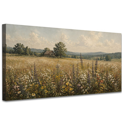 Art mural rétro sur toile paysage de prairie fleurie, décoration murale champ de fleurs sauvages, œuvre de paysage de campagne champêtre, tendue avec châssis, prête à être accrochée (24 po x 47 po)