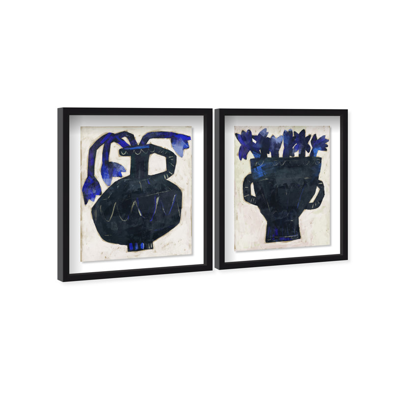 Indigo Vases Set Shadowbox Floral & Botanical Print by Oliver Gal, Black Frame, 16 x 20, 63"H x 51"W, Black Shadowbox