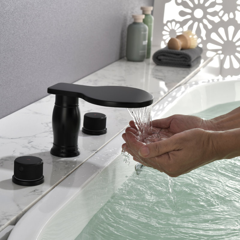 Waterfall Tub Faucet with Double Handle, Bathroom Deck Mounted Tub Filler, Matte Black