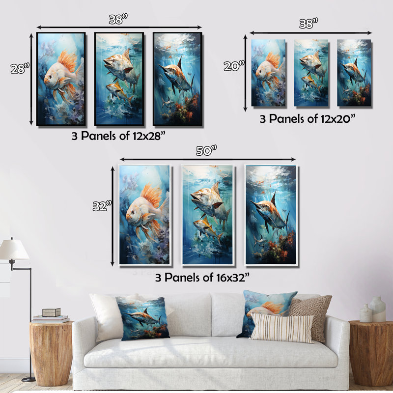 «Fishing Majestic Catch», 3 pièces sur toile, Encadré naturel, H 40 po x l 60 po