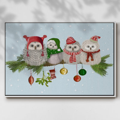 «Christmas Fluffy Christmas Owls On Branch», reproduction sur toile