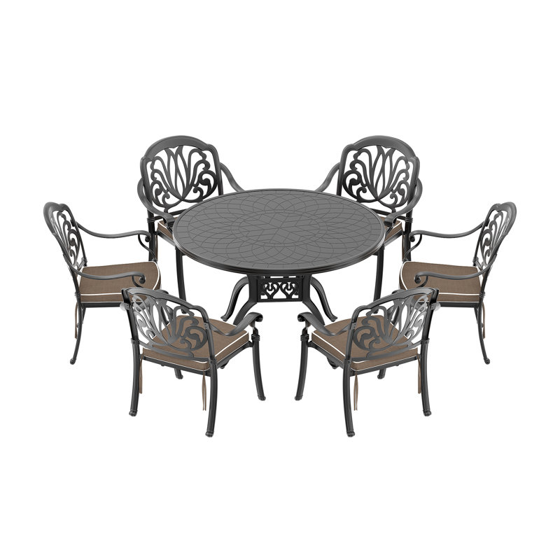 Ensemble de 7 pièces de mobilier de patio en aluminium coulé avec coussins bruns, 7 pièces: table, 6 chaises