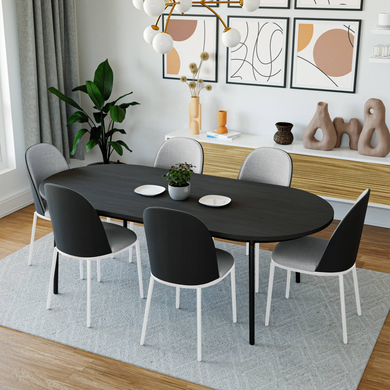 Kelce 71" Mid-Century Modern 6-Person Dining Set - 7-Piece Oval Kitchen & Dining Room Table with 6 Upholstered Chairs, Black