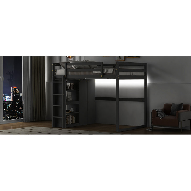 Lit mezzanine pleine grandeur de couleur grise avec garde-robe intégré, rangement et tablette avec éclairage à DEL, Gris