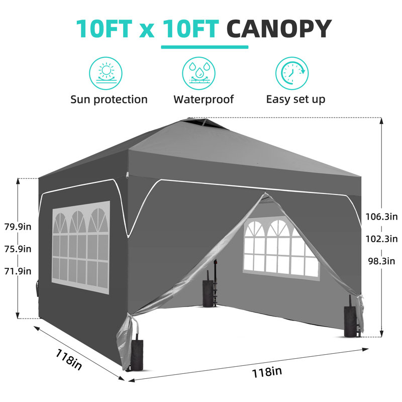 10 Ft X 10 Ft One-Push Set Up Canopy Tents With Sidewalls And Sandbags, Gray, 10 ft. W x 10 ft. D