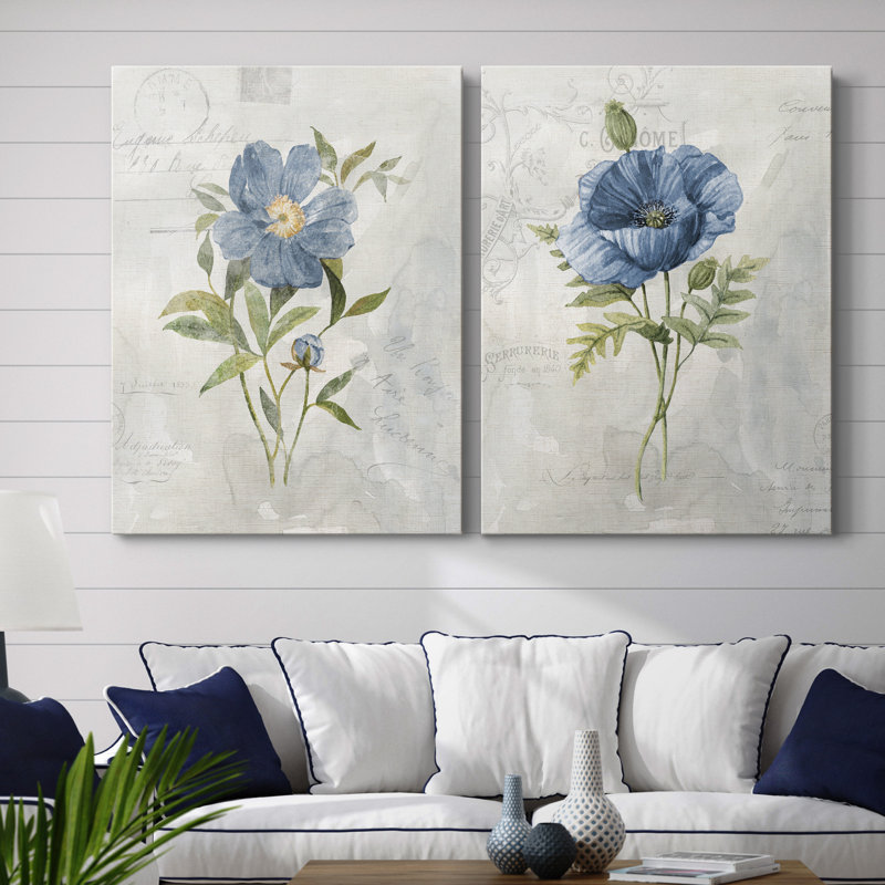 Blue Linen Peony - ensemble de 2 reproductions d'art, H 32 po x l 48 po, Toile tendue, Sans cadre