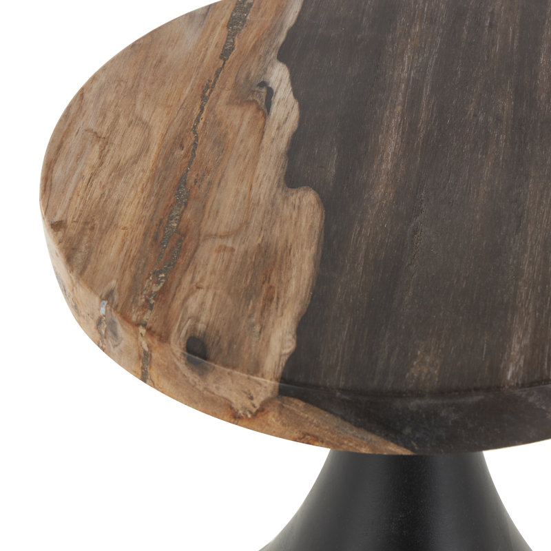 Teak Wood Handmade Fluted Side End Accent Table With Brown Tabletop