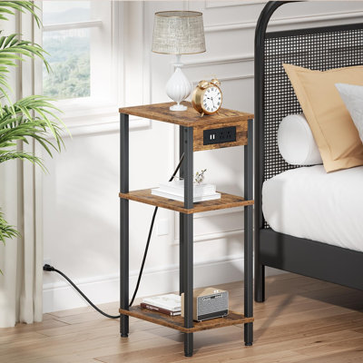 Tall End Table with Charging Station, USB Ports, 3-Tier Storage, Skinny Nightstand for Bedroom, Office