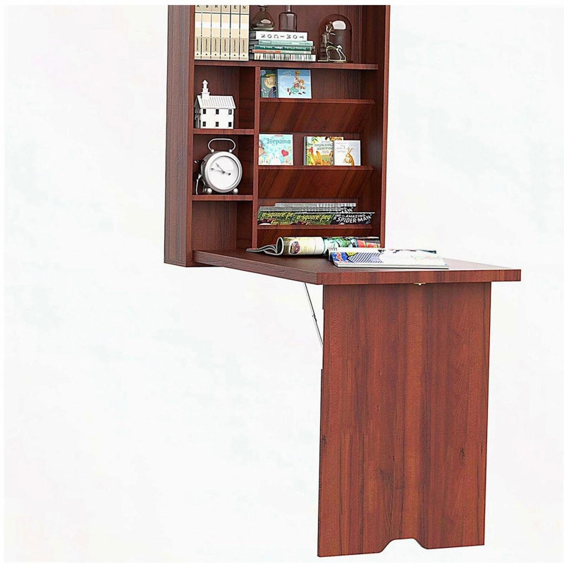 Bureau mural, bureau convertible escamotable, bureau flottant multifonctionnel avec tablettes pour bureau personnel, Brun