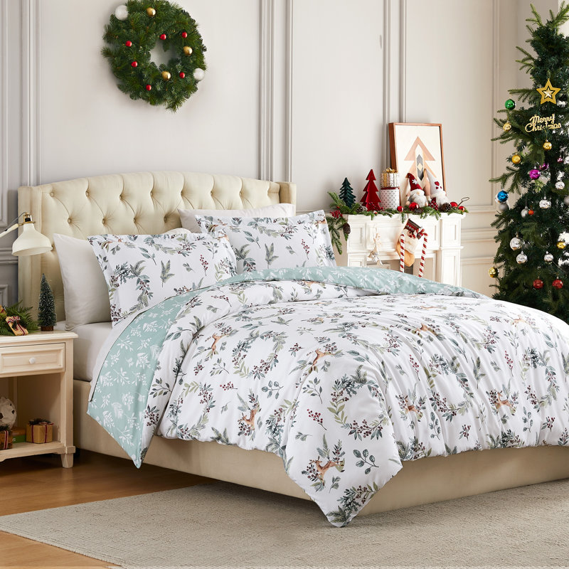 Happy Holidays Oversized Reversible Christmas Bedding Duvet Cover Set with shams, King Duvet Cover + 2 King Pillow Shams