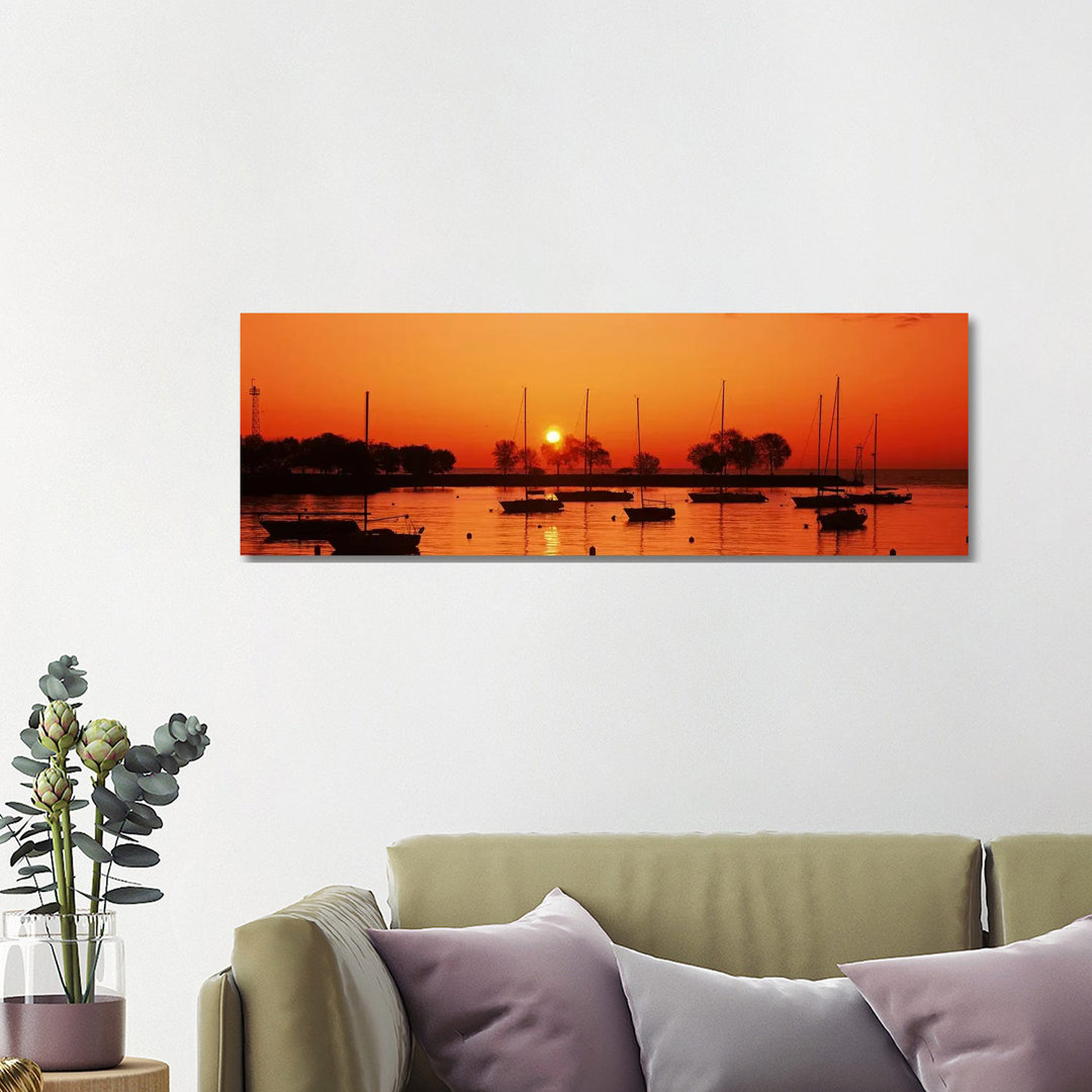 Silhouette Of Boats In A Lake, Lake Michigan, Great Lakes, Michigan, USA - Wrapped Canvas Panoramic Print