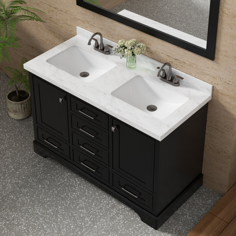 Linsay 48'' Double Sink Bathroom Vanity with Carrara White Cultural Marble Top, Fully Assembled, Black