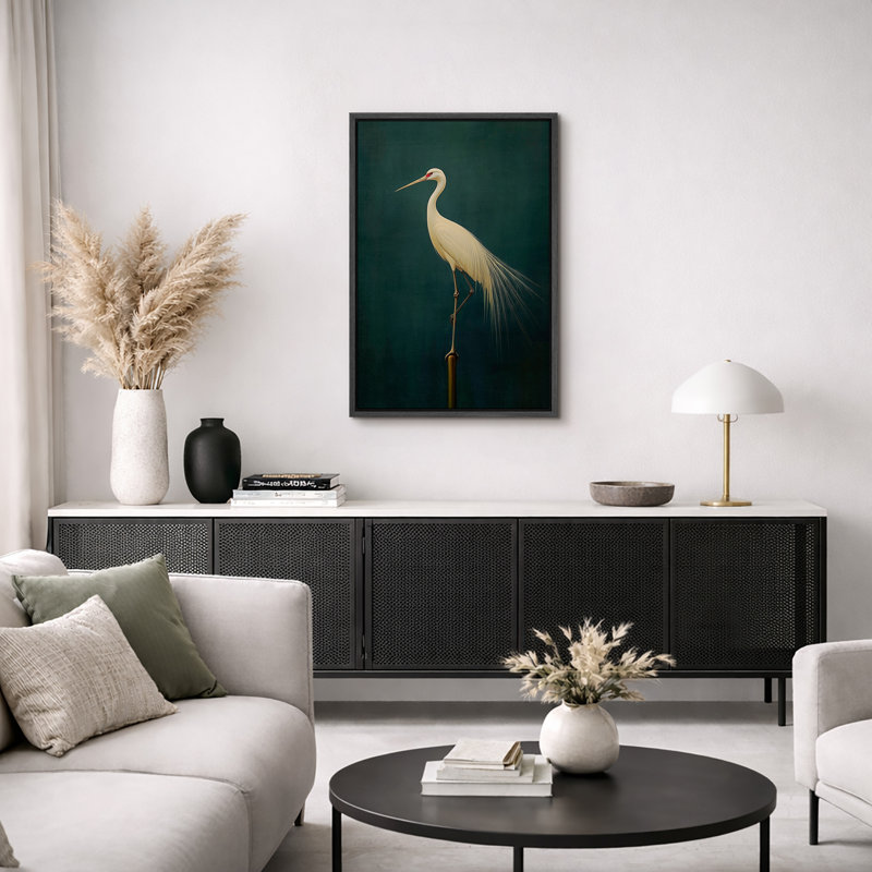 Oiseau aigrette vert rétro, photos de salle de bain rustique moderne, impression sur toile encadrée, H 36 po x l 24 po, Noir