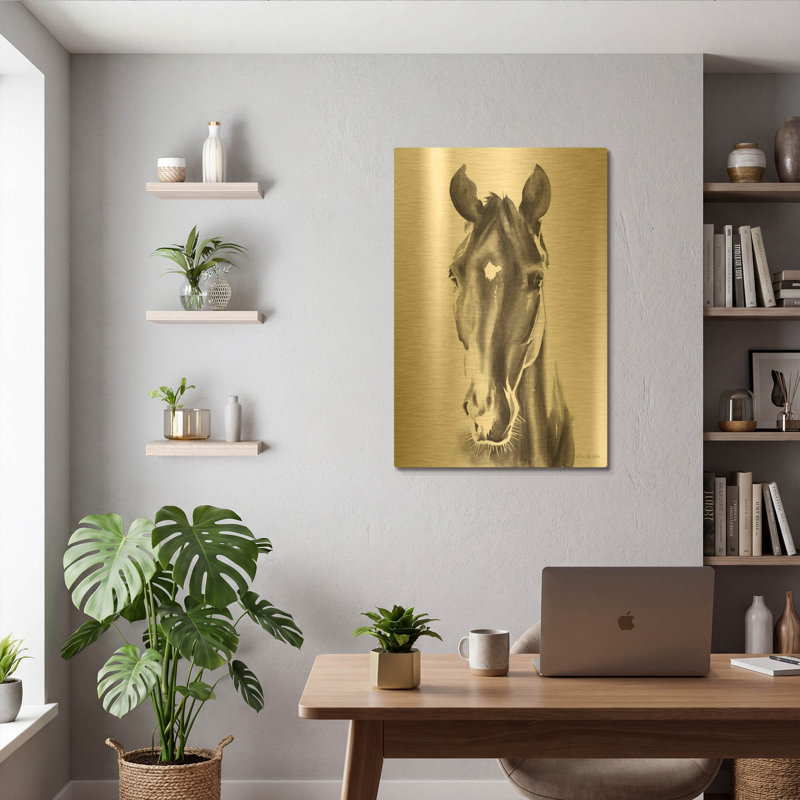 «Le Cheval Noir» par Alan Majchrowicz, art mural en métal doré, 24 po x 36 po, 24 po x 36 po
