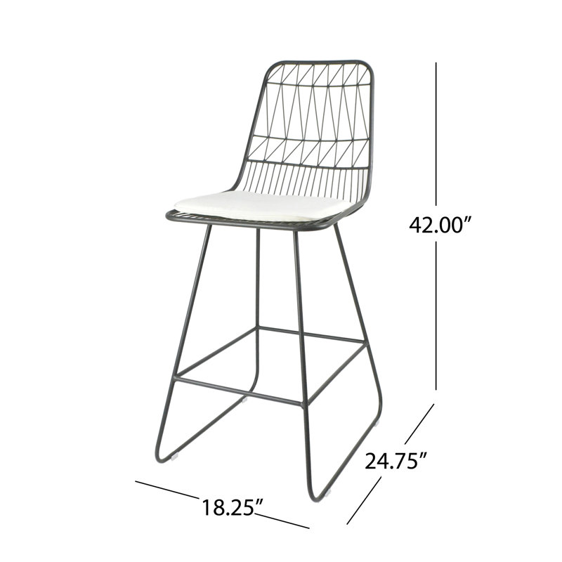 Gray Iron Outdoor Counter Stools with Off-White Cushions, Set of 4