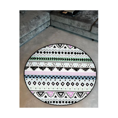 Tapis rond rond multicolore noir à motif tissé décoratif lavable à la machine
