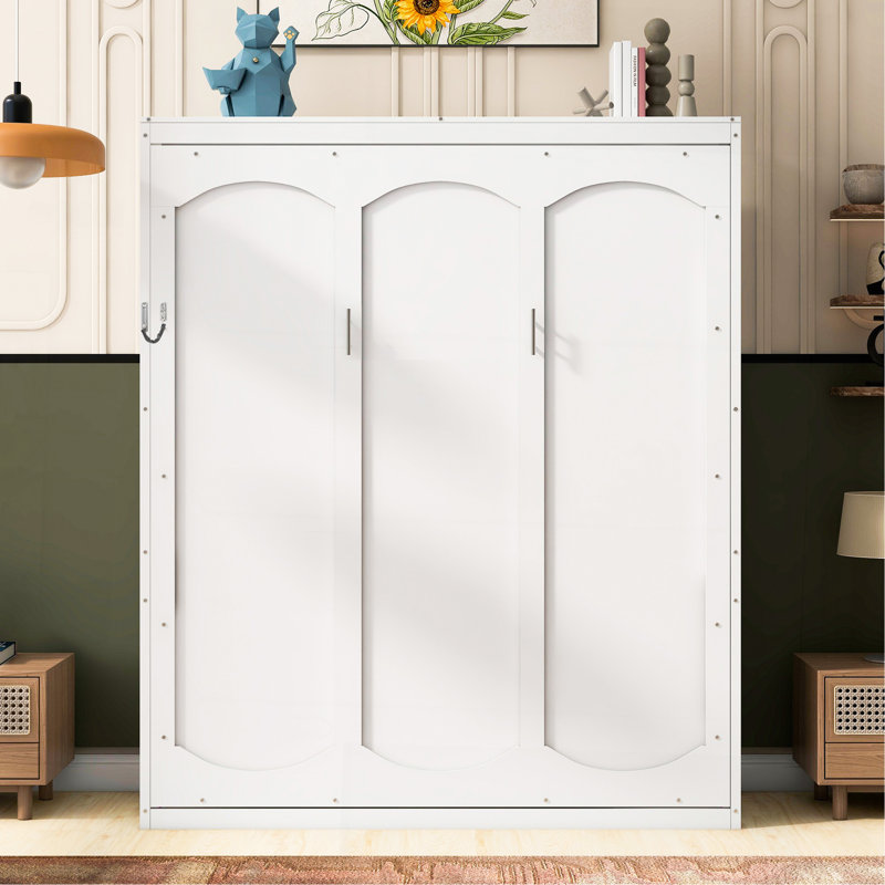 Grand lit escamotable mural avec tablettes, blanc, Blanc