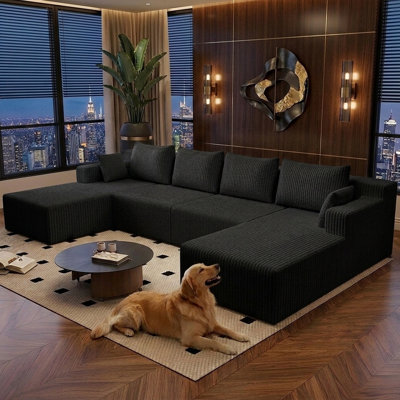 142" Modular Sectional Sofa, Modern Corduroy Cloud Couch with Deep Seat, Boneless Couch Upholstered 5-Seater U-Shaped Sofa for Living Room, No Assembly Required