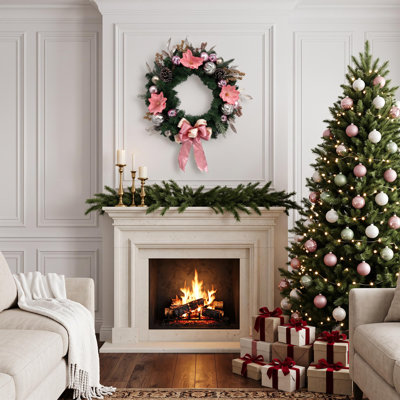 24" Pre-Lit Magnolia Christmas Wreath with 20 LED Lights, Pine Flower, Bow and Ball for Front Door, Fireplace Mantel & Window Decor