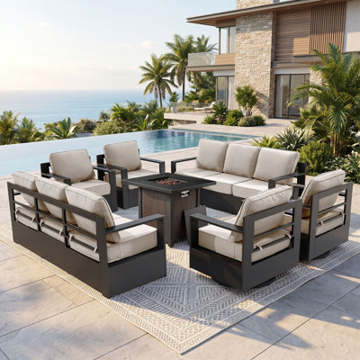 Ensemble de conversation pour patio en aluminium pour 10 personnes avec 2 canapés, 2 fauteuils pivotants, 2 fauteuils club et une table carrée en fer au propane
