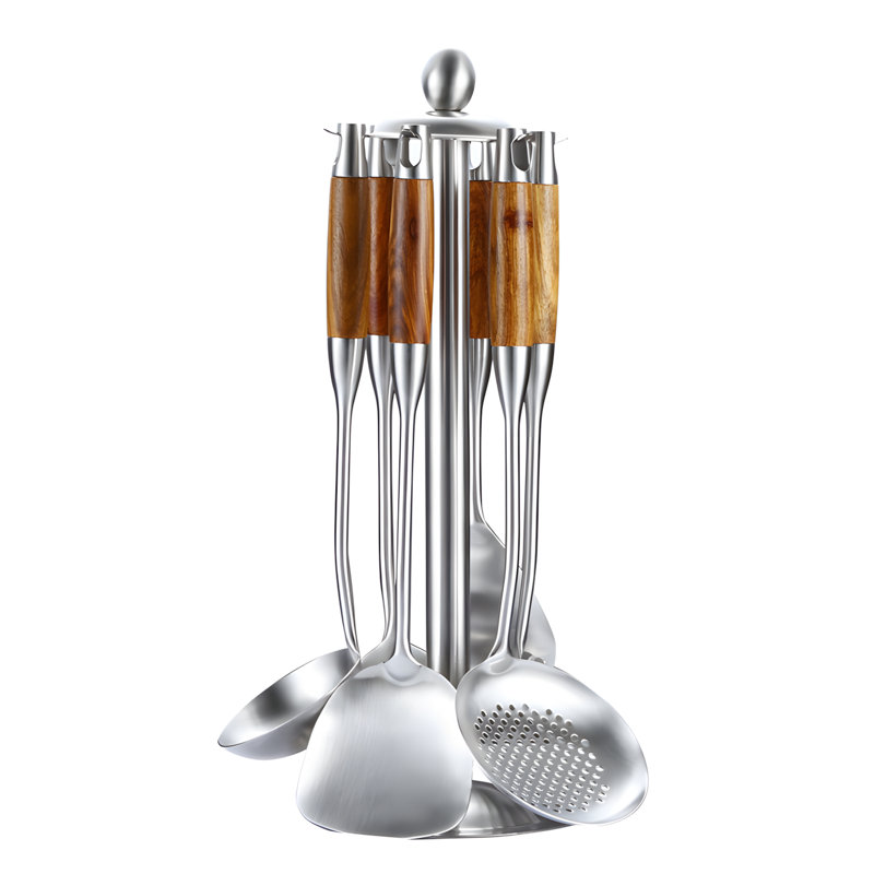 Ensemble d'ustensiles de cuisine en acier inoxydable avec poignée en bois de rose pour cuisiner, remuer et servir