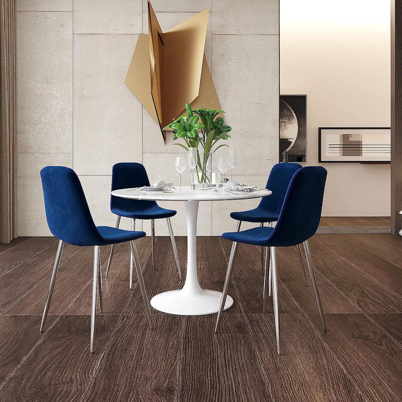 Kaydnce Upholstered Side Chair, Scoop-Back Curved Backrest, Foam Padded Seat w/Slim Legs, Blue, Chrome