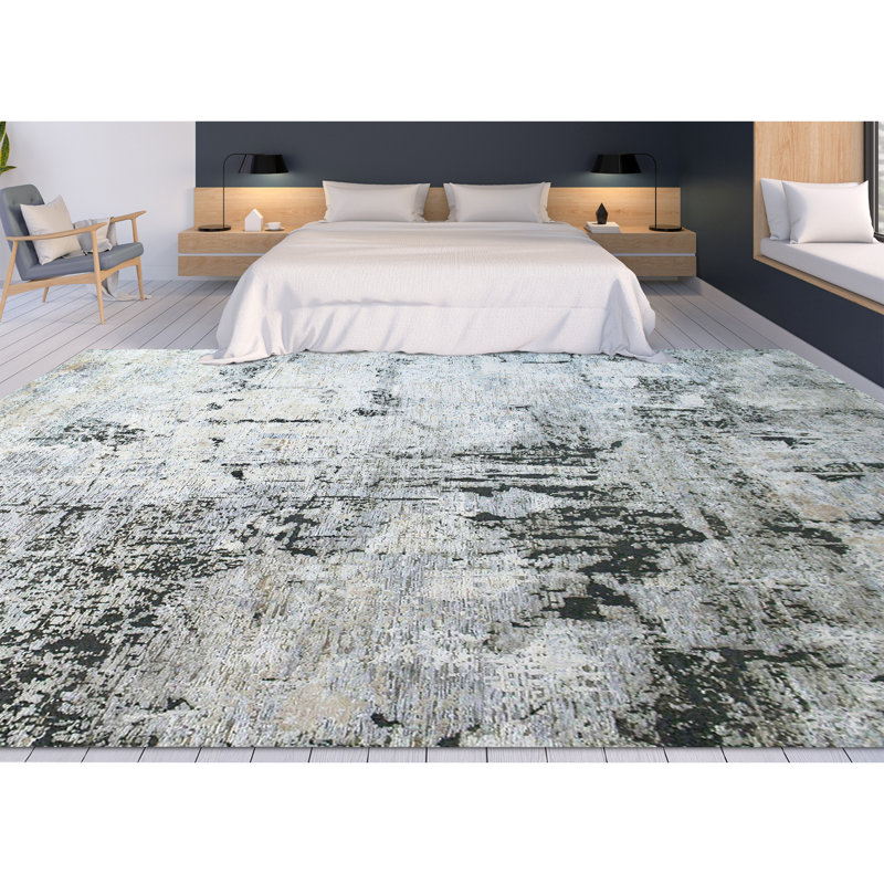 Tapis noir / gris en laine / soie noué à la main 8 pi x 10 pi