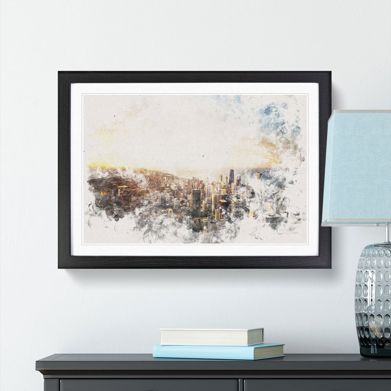 High over the Chicago Skyline - Picture Frame Painting Print, Black Framed, 36cm H x 48cm W x 2cm D