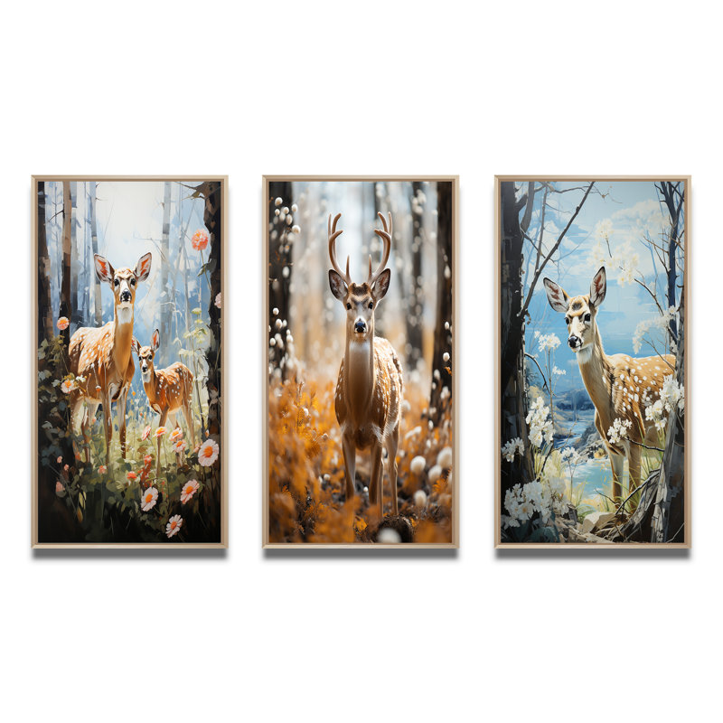 «Deer Graceful Fawn Pastoral», 3 pièces, Encadré naturel, H 32 po x l 48 po